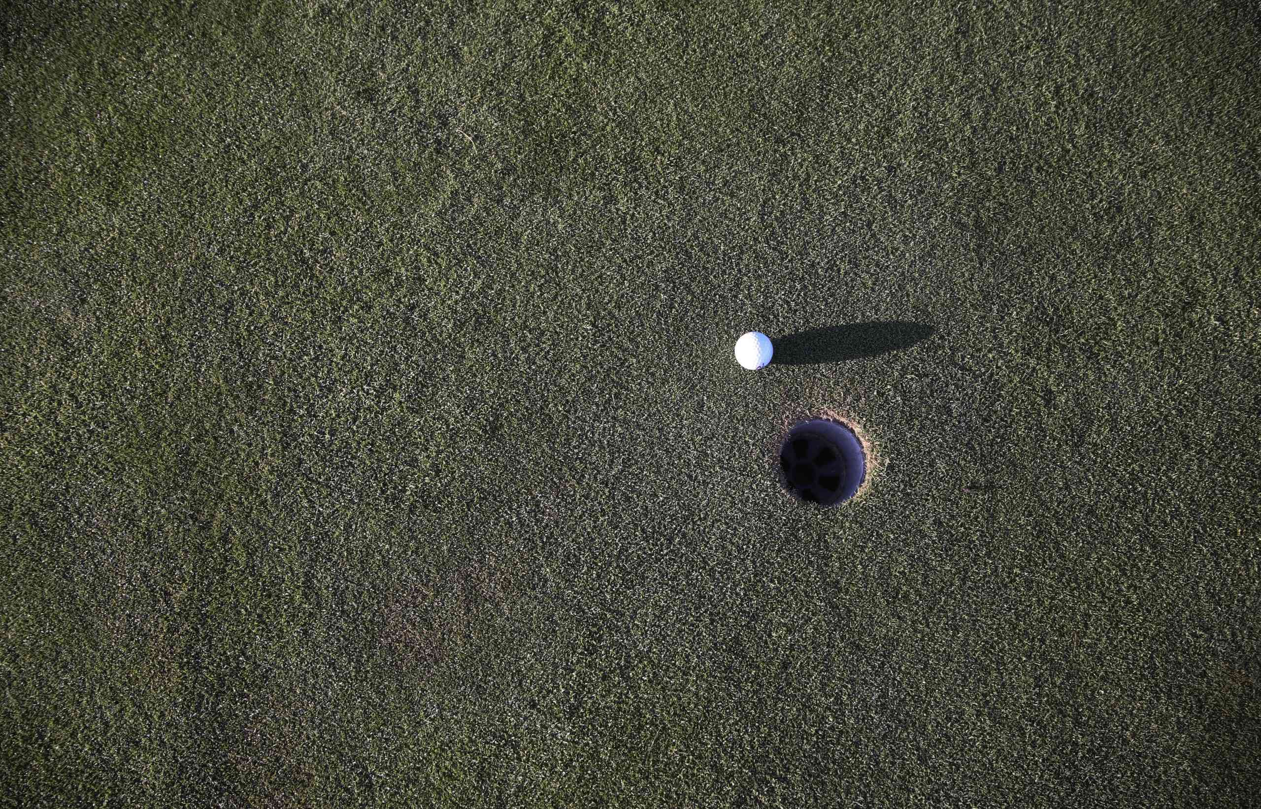 Golf ball on a course near the hole