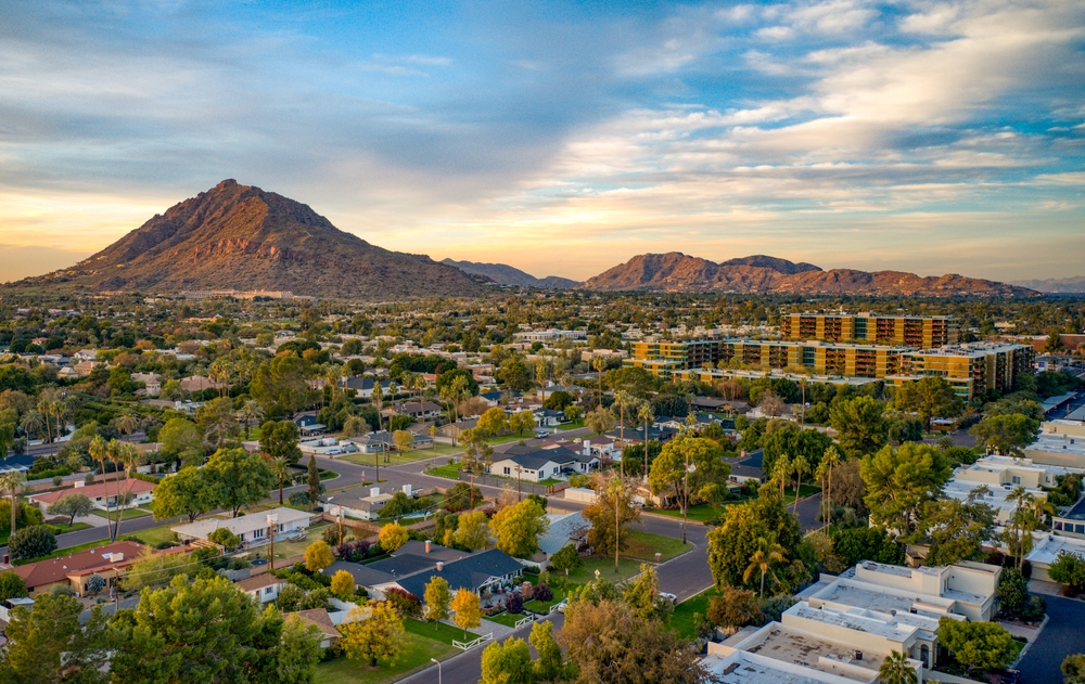 Aerial view of Scottsdale, AZ during a sunrise
