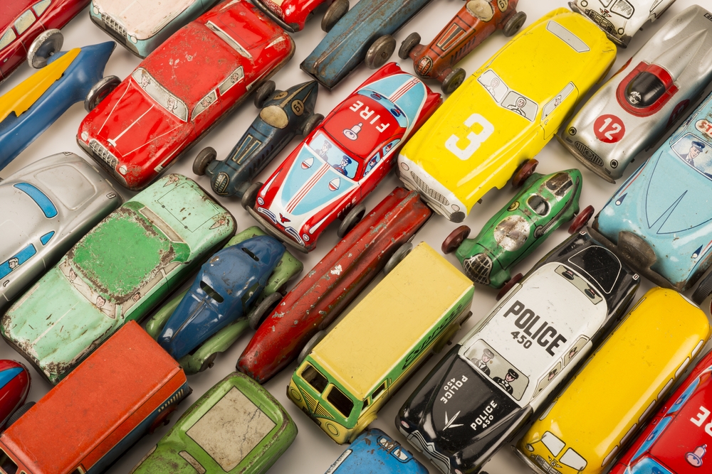 Toy cars lined up neatly
