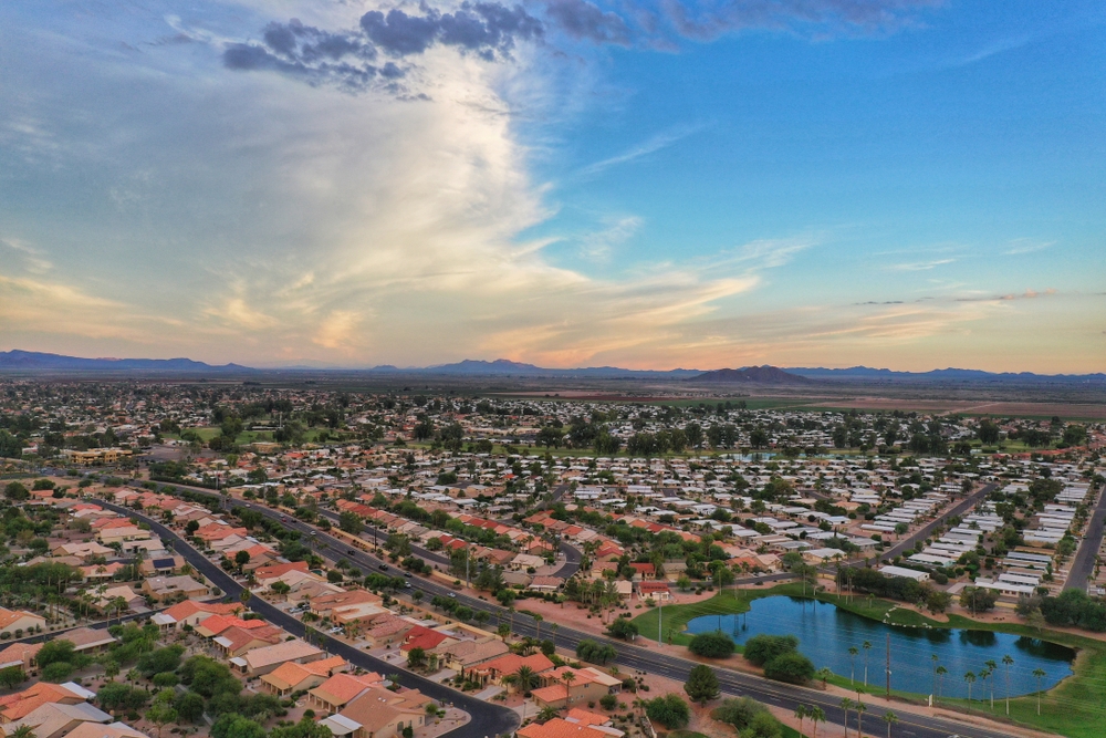 Aerial view of Sun City during a sunrise